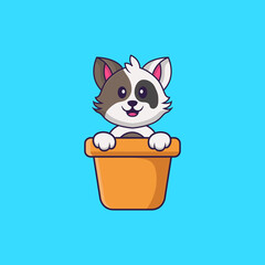 Cute cat in a flower vase. Animal cartoon concept isolated. Can used for t-shirt, greeting card, invitation card or mascot. Flat Cartoon Style