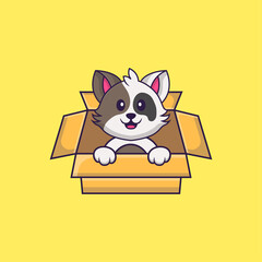 Cute cat Playing In Box. Animal cartoon concept isolated. Can used for t-shirt, greeting card, invitation card or mascot. Flat Cartoon Style