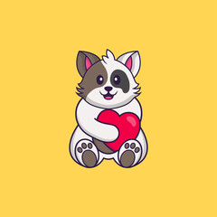 Cute cat holding a big red heart. Animal cartoon concept isolated. Can used for t-shirt, greeting card, invitation card or mascot. Flat Cartoon Style
