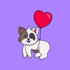 Cute cat flying with love shaped balloons. Animal cartoon concept isolated. Can used for t-shirt, greeting card, invitation card or mascot. Flat Cartoon Style