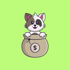 Cute cat playing in money bag. Animal cartoon concept isolated. Can used for t-shirt, greeting card, invitation card or mascot. Flat Cartoon Style