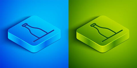 Isometric line Bottle of wine icon isolated on blue and green background. Square button. Vector