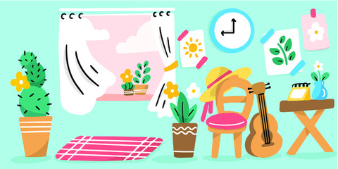 Sweet And Cozy Living Room Doodle Illustration
