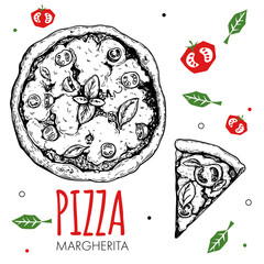 Hand drawn pizza Margherita design template. Sketch style traditional Italian food. Doodle flat vegetables. Whole pizza and slice. Best for menu, poster and flyers design. Vector illustration.