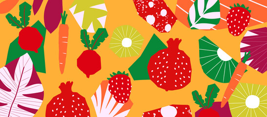 Exotic fruits and vegetables poster. Summer tropical design with strawberry, pomegranate, kiwi, carrot, beetroot colorful mix. Healthy diet, vegan food background vector illustration