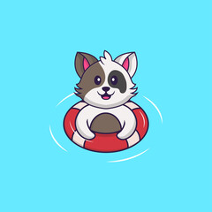 Cute cat is Swimming with a buoy. Animal cartoon concept isolated. Can used for t-shirt, greeting card, invitation card or mascot. Flat Cartoon Style