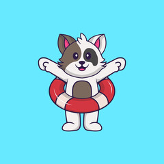 Cute cat using a float. Animal cartoon concept isolated. Can used for t-shirt, greeting card, invitation card or mascot. Flat Cartoon Style