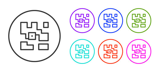 Black line QR code sample for smartphone scanning icon isolated on white background. Set icons colorful. Vector