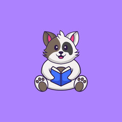 Cute cat reading a book. Animal cartoon concept isolated. Can used for t-shirt, greeting card, invitation card or mascot. Flat Cartoon Style