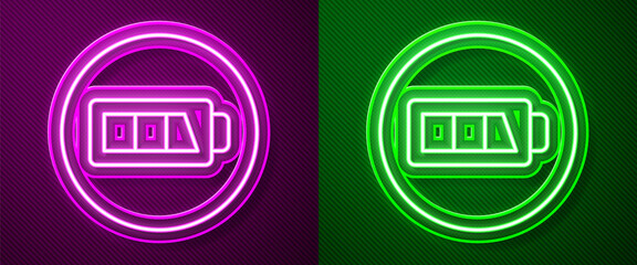 Glowing neon line Battery charge level indicator icon isolated on purple and green background. Vector