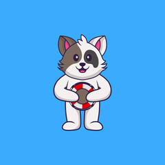 Cute cat holding a buoy. Animal cartoon concept isolated. Can used for t-shirt, greeting card, invitation card or mascot. Flat Cartoon Style