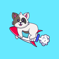 Cute cat flying on rocket. Animal cartoon concept isolated. Can used for t-shirt, greeting card, invitation card or mascot. Flat Cartoon Style