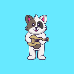 Cute cat playing guitar. Animal cartoon concept isolated. Can used for t-shirt, greeting card, invitation card or mascot. Flat Cartoon Style