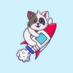 Cute cat flying on rocket. Animal cartoon concept isolated. Can used for t-shirt, greeting card, invitation card or mascot. Flat Cartoon Style
