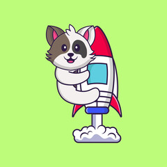 Cute cat flying on rocket. Animal cartoon concept isolated. Can used for t-shirt, greeting card, invitation card or mascot. Flat Cartoon Style