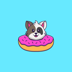Cute cat with a donut on his neck. Animal cartoon concept isolated. Can used for t-shirt, greeting card, invitation card or mascot. Flat Cartoon Style