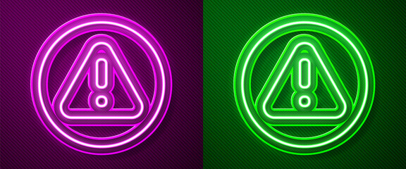 Glowing neon line Exclamation mark in triangle icon isolated on purple and green background. Hazard warning sign, careful, attention, danger warning important. Vector