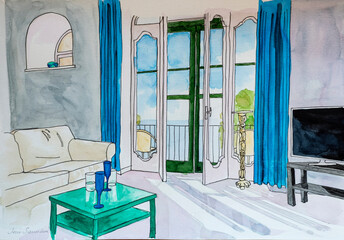 Watercolour painting of a French windows overlooking the bay of Positano