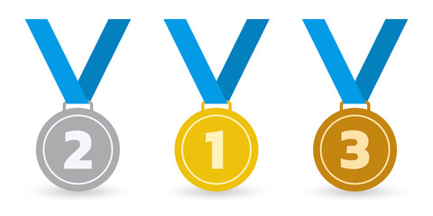 Medal set. Gold, silver and bronze medals with ribbon. Sport awards, winner and champion prize concept. Vector illustration.