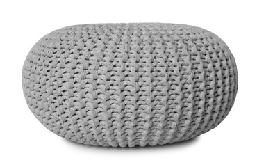Stylish grey knitted pouf isolated on white