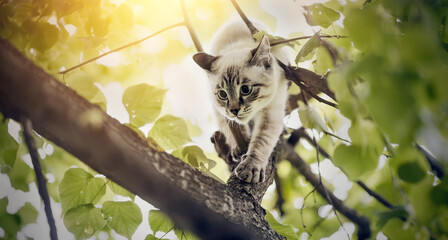 Thai cat climbs a tree.