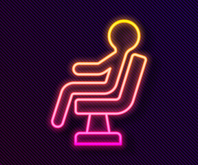 Glowing neon line Human waiting in airport terminal icon isolated on black background. Vector