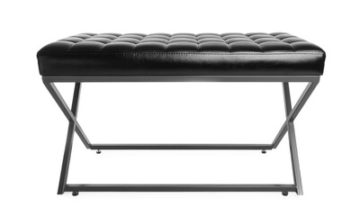 Stylish black leather indoor bench isolated on white