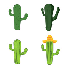 Cactus vector icons. Set of different style cactus.  Cartoon, hand drawn design. Cactus with sombrero
