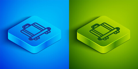 Isometric line Airport conveyor belt with passenger luggage, suitcase, bag, baggage icon isolated on blue and green background. Square button. Vector