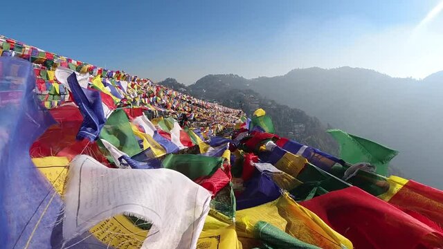 Buddhist Peace Flags Flying On A Hill Top In Dalai Hills Mussoorie India