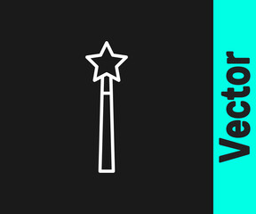 White line Magic wand icon isolated on black background. Star shape magic accessory. Magical power. Vector