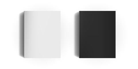 White and black book cover mock up. Clean blank portrait orientation 3d realistic books mockup with shadow. Empty cover template. Vector illustration.
