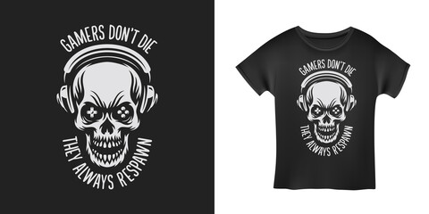 Video games related t-shirt design. Angry skull in headphones. Gamers don't die they respawn quote text phrase quotation. Vector vintage illustration.
