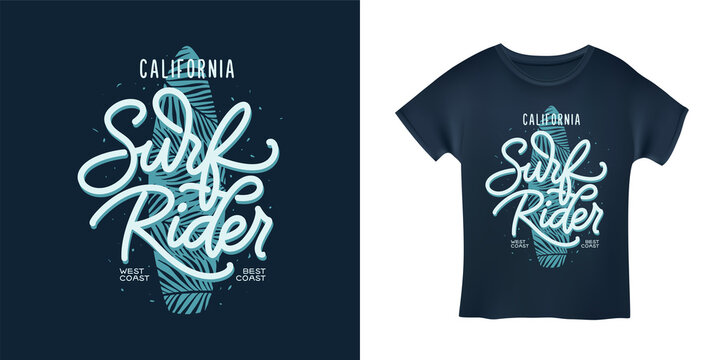 California surf rider lettering poster. Surfing related t-shirt design. Vector vintage illustration.