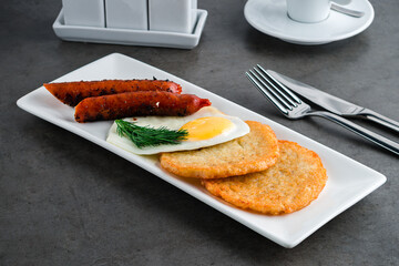 Nutritious breakfast, coffee, sausage and egg