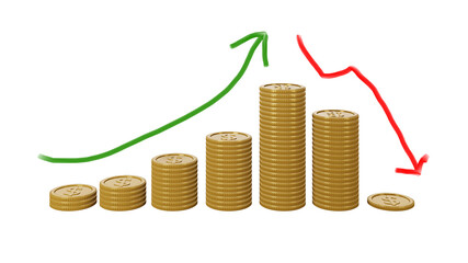 Green arrow up and red arrow down above stack of coins by ladder on white background, Graph of successful growth of business and business at a loss.Banner for website advertising. text space.