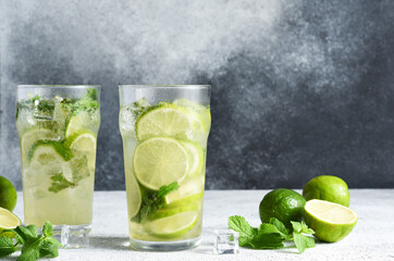 Cold mojito with mint and lime. A classic summer drink with rum.