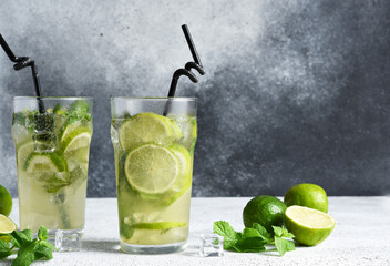 Cold mojito with mint and lime. A classic summer drink with rum.