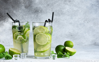 Cold mojito with mint and lime. A classic summer drink with rum.