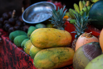 papaya, mango, pineapple on local market 