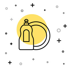 Black line Dishwashing liquid bottle and plate icon isolated on white background. Liquid detergent for washing dishes. Random dynamic shapes. Vector