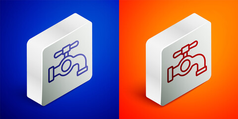 Isometric line Water tap icon isolated on blue and orange background. Silver square button. Vector