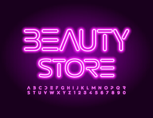 Fototapeta na wymiar Vector trendy logo Beauty Store. Techno style Font. Glowing Neon Alphabet Letters and Numbers set