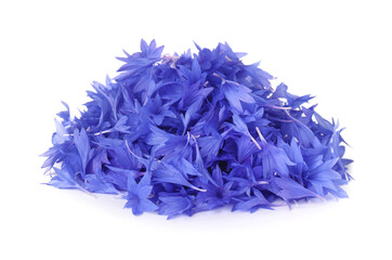 Heap of beautiful cornflower petals isolated on white