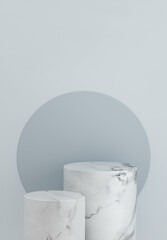 Marble podium platform product display on grey background with minimalist backdrop studio.