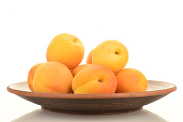 Several ripe organic yellow apricots on a clay dish, close-up, isolated on white.