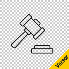 Black line Judge gavel icon isolated on transparent background. Gavel for adjudication of sentences and bills, court, justice. Auction hammer. Vector