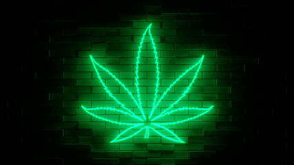 Neon sign on a brick wall. Cannabis weed marijuana leaf icon. Abstract background, spectrum vibrant colors. 3d render illustration. - obrazy, fototapety, plakaty
