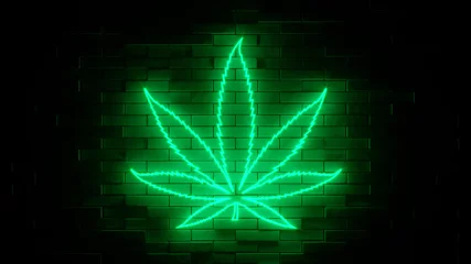 Fotobehang Neon sign on a brick wall. Cannabis weed marijuana leaf icon. Abstract background, spectrum vibrant colors. 3d render illustration. © Nikolay E