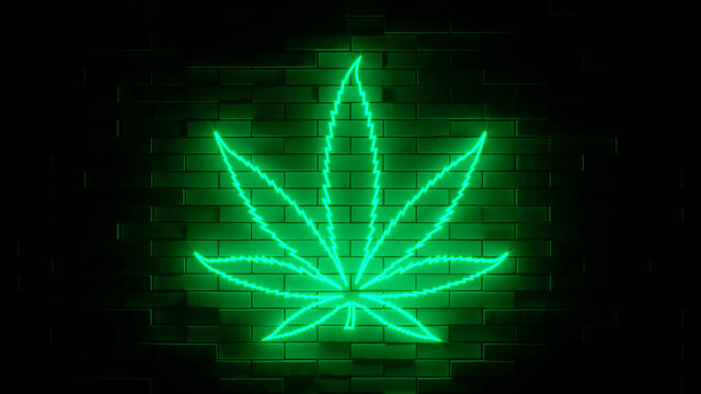 Neon sign on a brick wall. Cannabis weed marijuana leaf icon. Abstract background, spectrum vibrant colors. 3d render illustration.